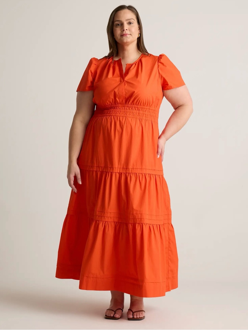 Quince | 100% Organic Cotton Poplin Tiered Maxi Dress in Vermilion Red ~ XL